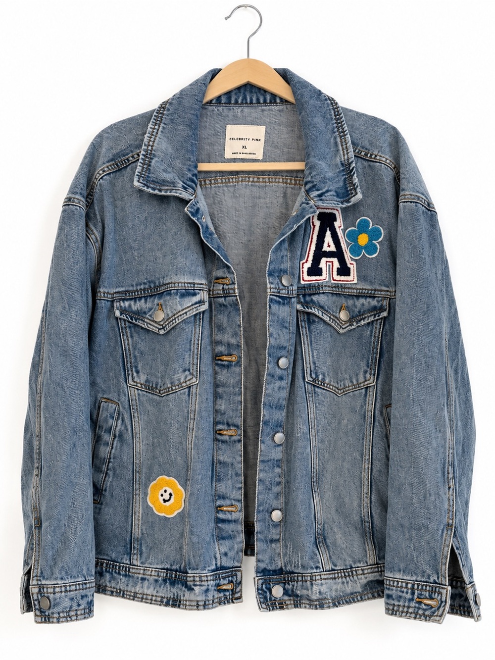 Celebrity Pink XL Varsity Patch Denim Jacket Smiley Flower Y2K